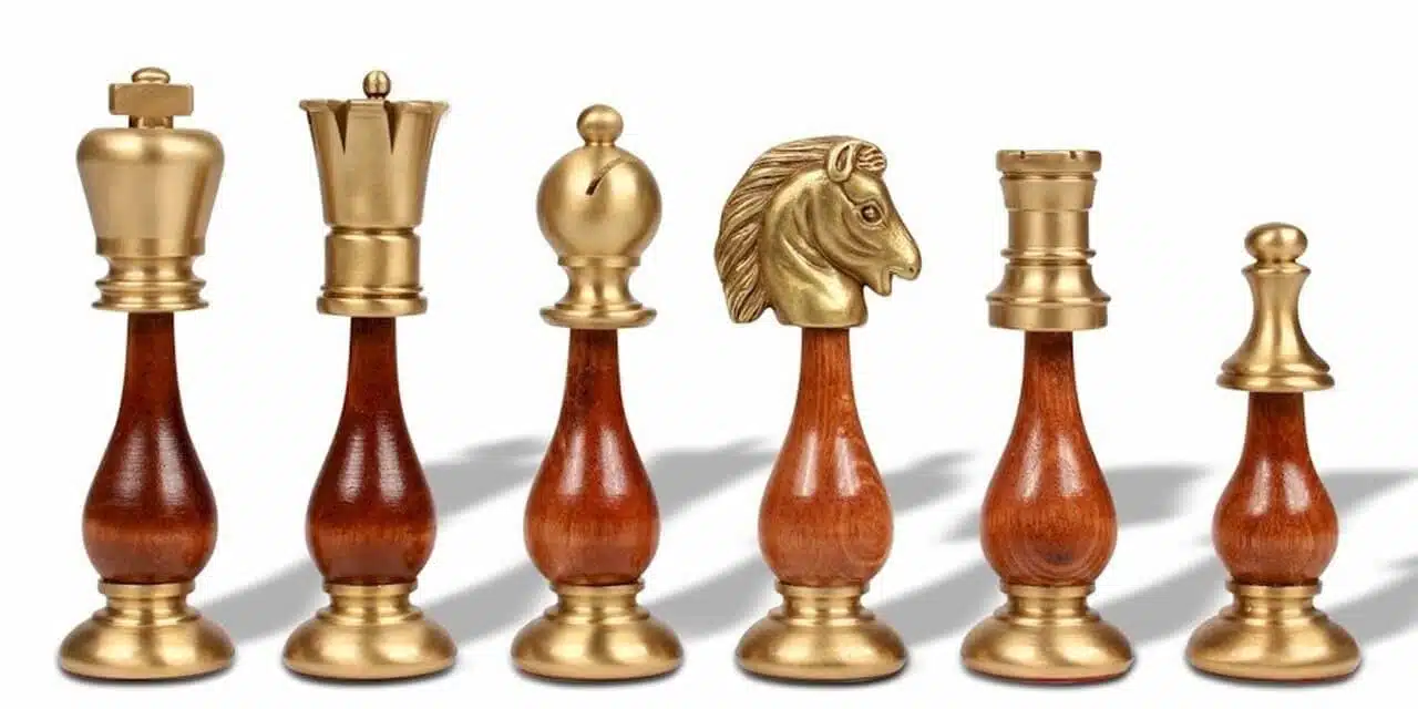 Oriental Elm Set – Standing Chess Board in Elm Wood with Storage Drawer & Chess Set in Solid Wood and Brass - Image 11