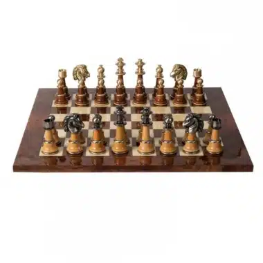 Staunton XL II Chess Set with Lacquered Elm and Briar Wood Chess Board & Wood and Brass Chess Pieces
