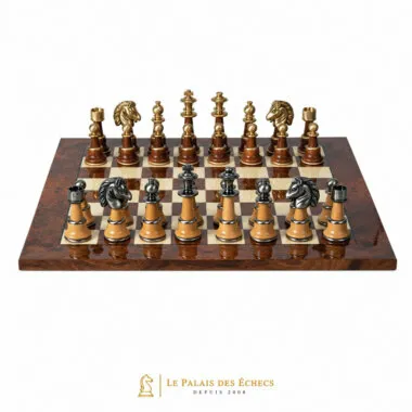 Staunton XL II set with lacquered elm and briar chess board, front view