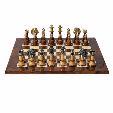 Staunton XL II set with lacquered elm and briar chess board, front view