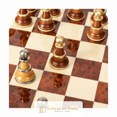 Close-up of lacquered briar squares and wooden pawns on the board