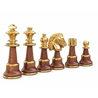 Chess pieces in wood and gold-plated brass, complete set lined up