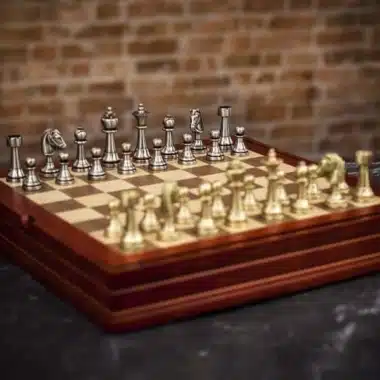 Staunton Set with Walnut and Maple Wood Chess Board and Solid Brass Chess Pieces