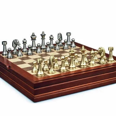 Complete Staunton chess set with wooden board and gold and silver brass pieces