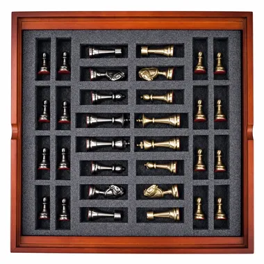 Wooden storage box with all solid brass pieces arranged in the foam insert