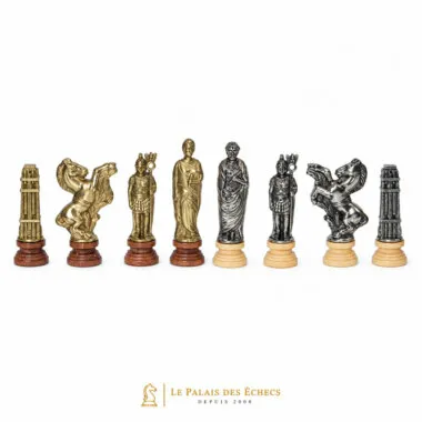 Complete Roman-style chess pieces in gold and silver tones, Caesar design