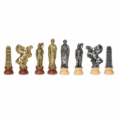 Complete Roman-style chess pieces in gold and silver tones, Caesar design
