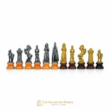 Mary Stuart chess pieces lined up, comparing silver and gold tone figures