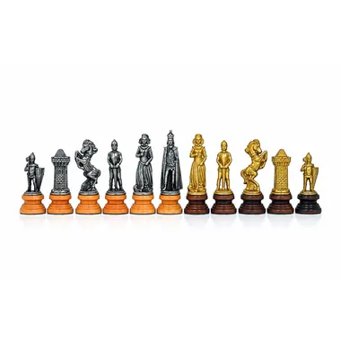 Mary Stuart chess pieces lined up, comparing silver and gold tone figures