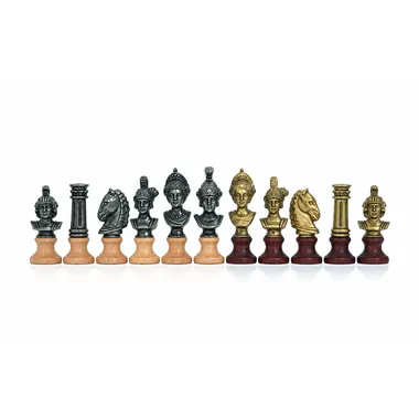 "Roman Busts" Set Faux Leather Chess Board & Wood and Solid Metal Chess Set