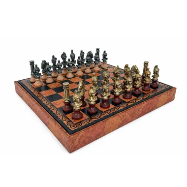 "Roman Busts" Set Faux Leather Chess Board & Wood and Solid Metal Chess Set