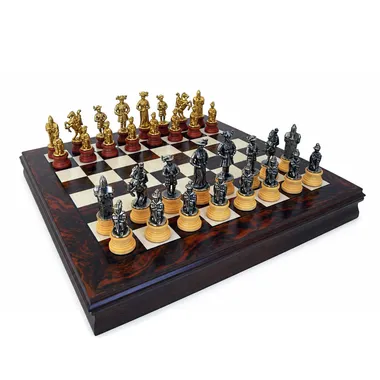 "Lanzichenecchi" Set Walnut and Maple Chess Board & Metal and Solid Wood Chess Set