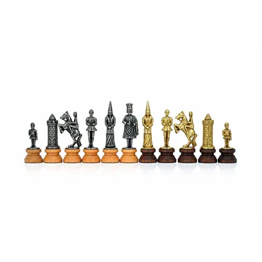 "Camelot King Arthur II" Set Faux Leather Chess Board & Chess Set in Wood and Solid Metal
