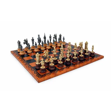 "Camelot King Arthur II" Set Faux Leather Chess Board & Chess Set in Wood and Solid Metal