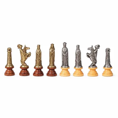 Complete medieval chess set, gold and silver metal pieces on wooden base