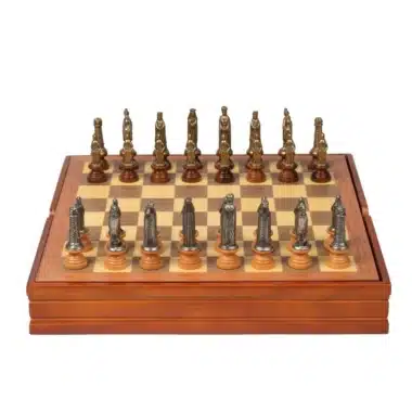 Medieval II Set: Walnut and Maple Wood Chess Board with Storage & Solid Wood and Metal Chess Set