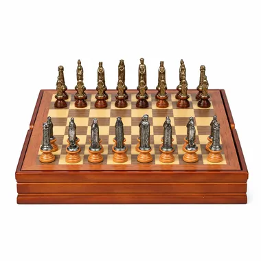 Medieval II complete chess set with wooden board and solid metal pieces, overall view