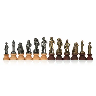 Florentine chess set pieces, metal figures on wooden bases