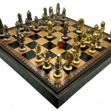 Medieval III Set – Faux Leather Chess Board & Metal Chess Set