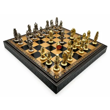 Medieval III chess set with faux-leather board and gold and silver metal pieces