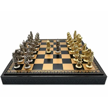 Medieval III chess board seen from the front with both metal piece armies lined up