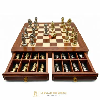 Medieval pieces arranged in the carved storage drawers beneath the chess board