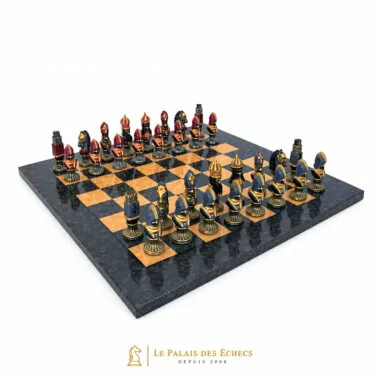 Complete Moncada III set, painted metal pieces on maple chess board