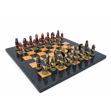 Complete Moncada III set, painted metal pieces on maple chess board