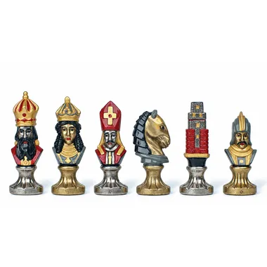 Medieval II chess pieces: king, bishop, knight and rook in painted metal