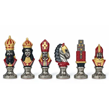 Close-up of Medieval II pieces in silver and red tones on round bases