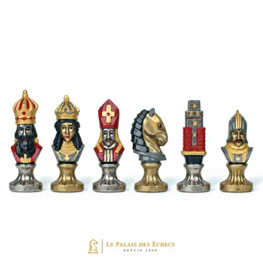 Moncada III pieces: king, bishop, knight and rook in painted metal