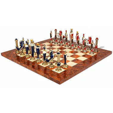 Renaissance II set: wooden chess board and hand-painted metal pieces, overview