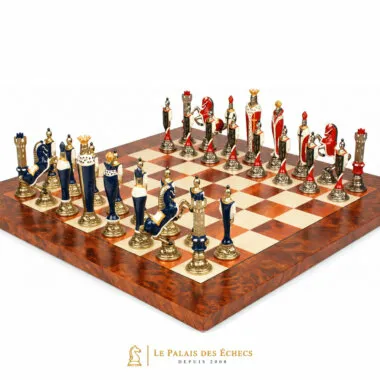 Renaissance II painted metal chess pieces arranged on the wooden board