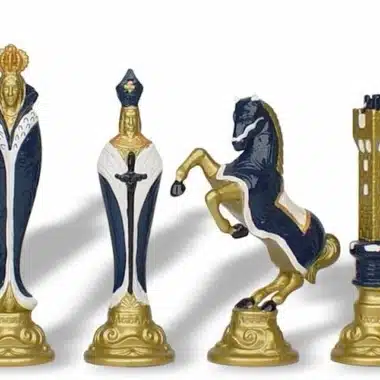 Renaissance metal chess pieces, blue and gold variant, close-up of the figures