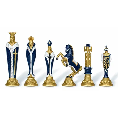 Renaissance metal chess pieces, blue and gold variant, close-up of the figures