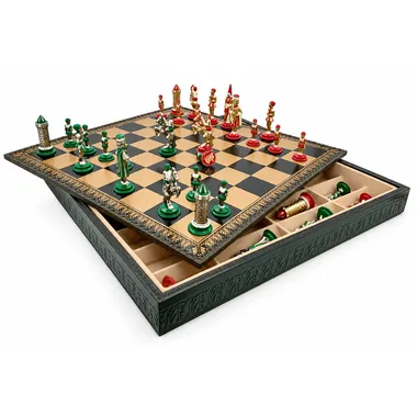 Open chess board showing the compartmented storage box inside