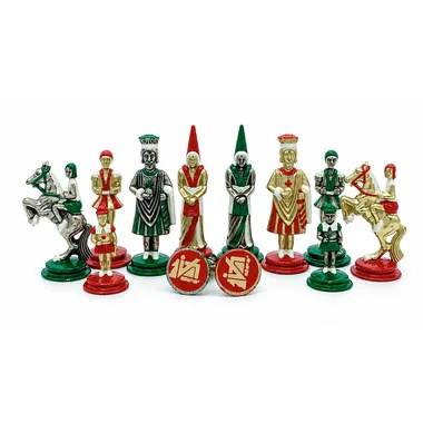 Camelot chess pieces in painted metal, red and green kings and queens