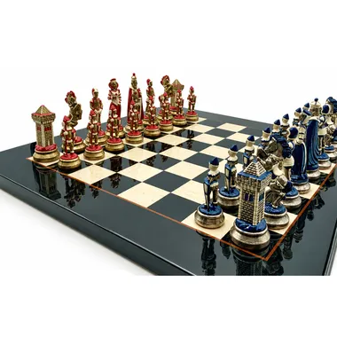 Mary Stuart IV chess set, close-up view of red and blue pieces on lacquered board
