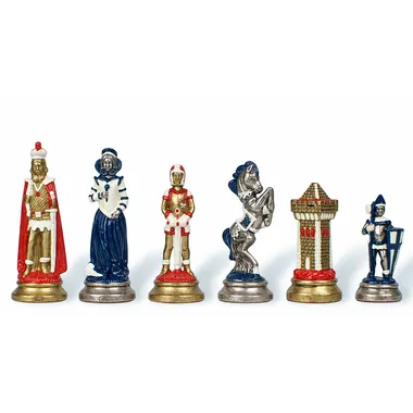 Mary Stuart chess pieces, queen, king, knight and rook in blue and white