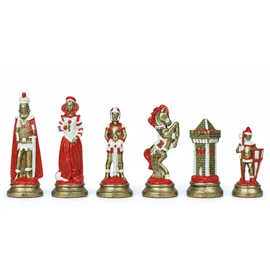 Mary Stuart chess pieces painted in red and gold, close-up of the figures