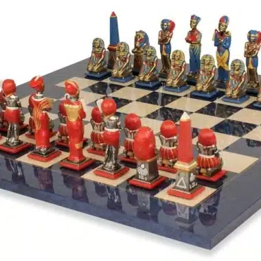Egypt III Set – Maple Wood Chess Board & Hand-Painted Solid Metal Chess Set