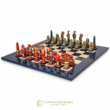 Egypt III complete chess set, red and blue pieces on maple chess board
