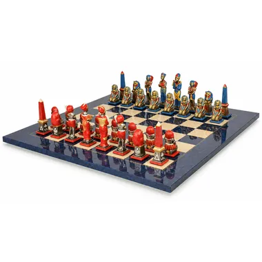 Egypt III complete chess set, red and blue pieces on maple chess board