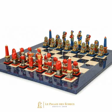 Egypt III chess pieces seen from behind, opposing rows on the board