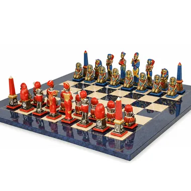 Egypt III chess pieces seen from behind, opposing rows on the board