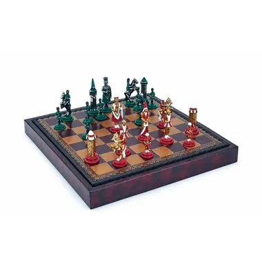 "Camelot King Arthur III" Set Faux Leather Chess Board & Hand-Painted Metal Chess Set