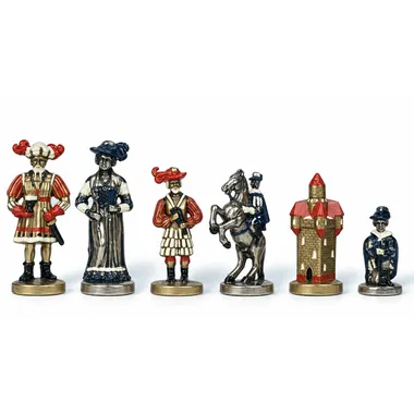 Lanzichenecchi chess pieces, painted mercenaries and rider in richly detailed costumes