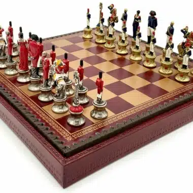 Napoleon III Set – Red Faux Leather Chess Board and Hand-Painted Metal Chess Pieces