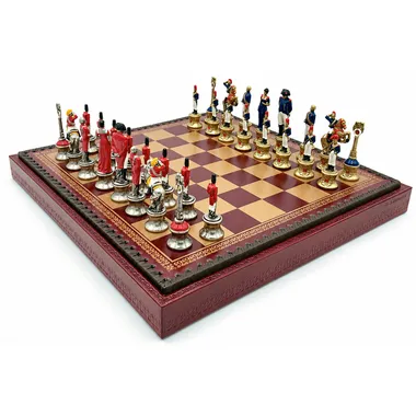 Napoléon III chess set with red faux leather board and painted metal pieces