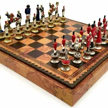 Napoleon III Set with Old World Map Faux Leather Chess Board and Hand-Painted Metal Chess Pieces